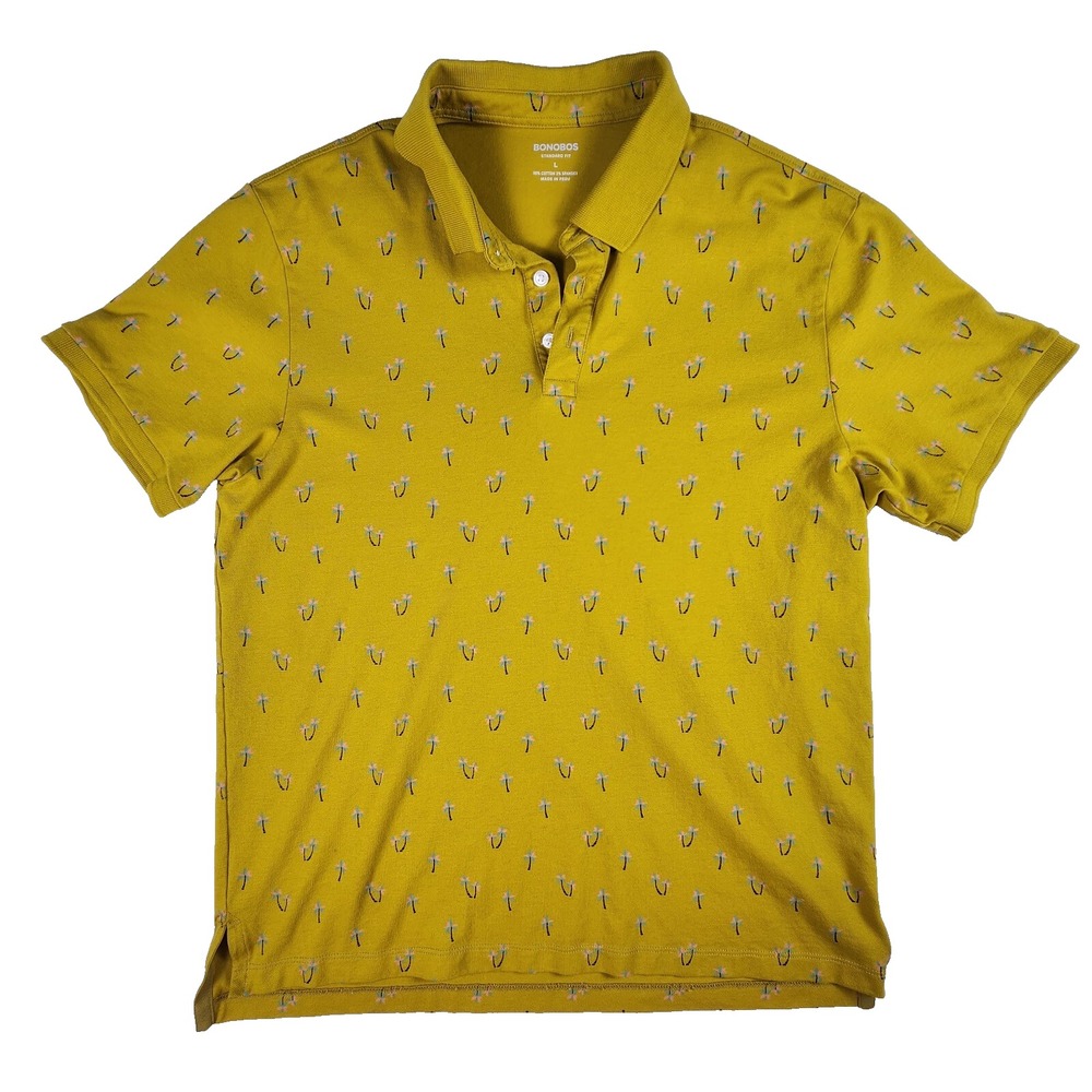 Bonobos Golf Polo Shirt Men's Large Gold Standard Fit Palm Tree All Over Print